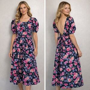 Laura Ashley Floral Midi Dress Puff Sleeves bow & Open plunging Back sz 10 prom